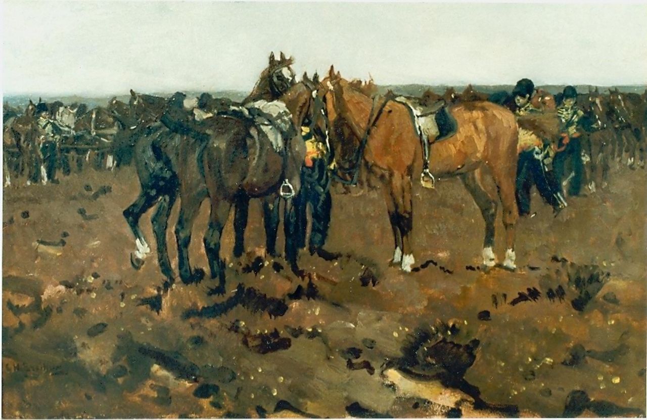 Breitner G.H.  | George Hendrik Breitner, Rustende paarden van artillerie, olieverf op paneel 26,0 x 40,0 cm, gesigneerd linksonder
