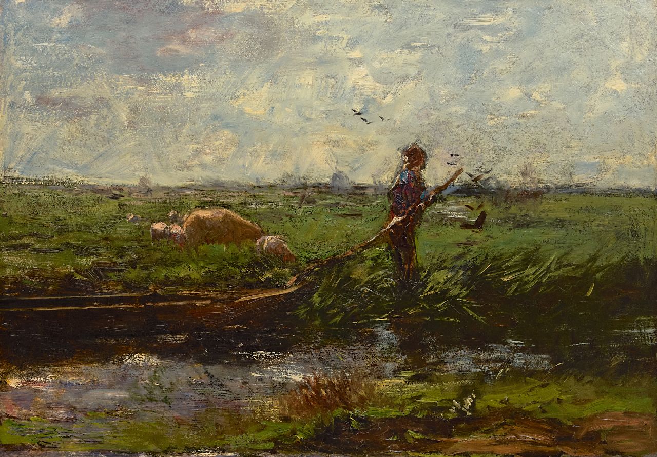 Maris W.  | Willem Maris | Schilderijen te koop aangeboden | Boer met praam in weidelandschap, olieverf op doek 66,3 x 94,5 cm, te dateren ca. 1906