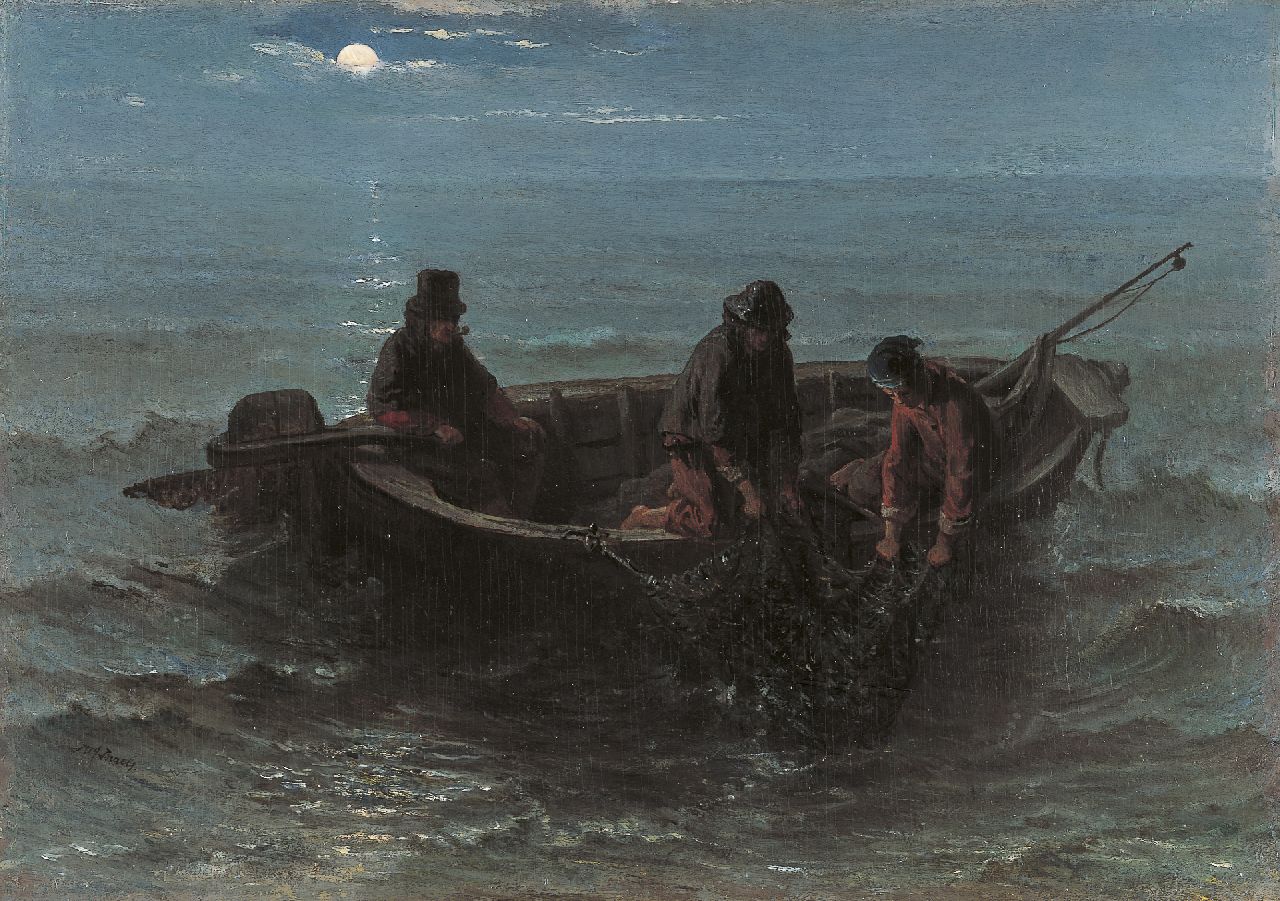 Israëls J.  | Jozef Israëls, Het binnenhalen van de vangst bij maanlicht, olieverf op paneel 32,5 x 46,1 cm, gesigneerd linksonder en te dateren ca. 1861-1864