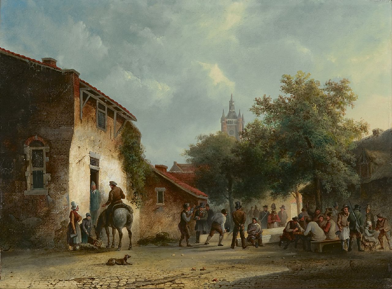 Gijselman W.  | Warner Gijselman | Schilderijen te koop aangeboden | Kegelen op het dorpsplein, olieverf op paneel 34,1 x 46,7 cm, gesigneerd rechtsonder