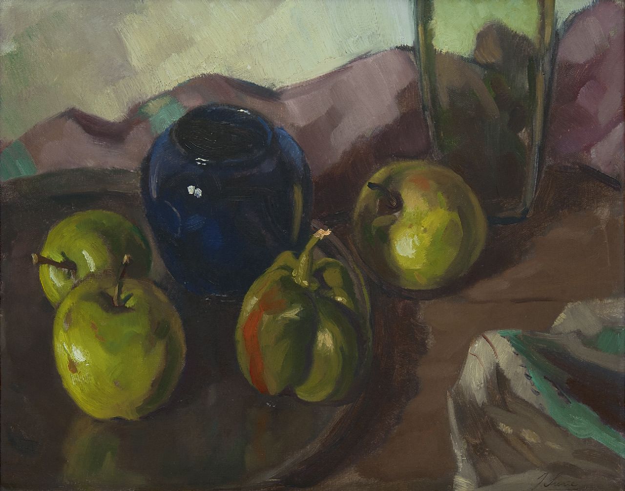Surie J.  | Jacoba 'Coba' Surie, Schaal met appels en paprika, olieverf op doek 40,7 x 50,5 cm, gesigneerd rechtsonder