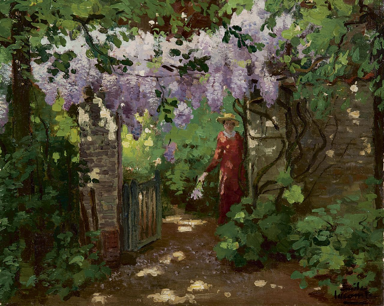 Lecomte E.  | Emile Lecomte, In de tuin, olieverf op doek 39,9 x 49,9 cm, gesigneerd rechtsonder