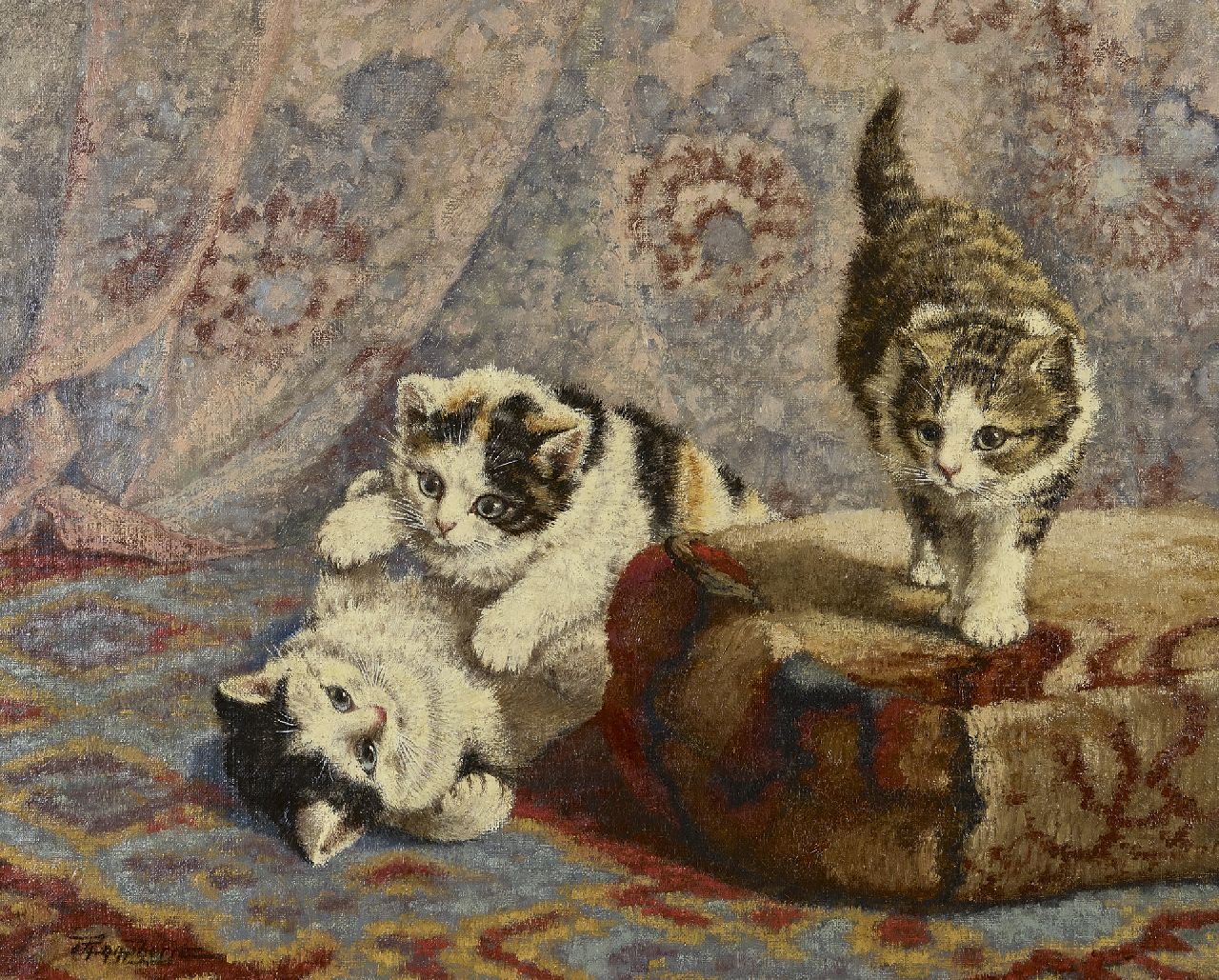 Raaphorst C.  | Cornelis Raaphorst | Schilderijen te koop aangeboden | Drie spelende katjes bij een poef, olieverf op doek 40,4 x 50,7 cm, gesigneerd linksonder en zonder lijst