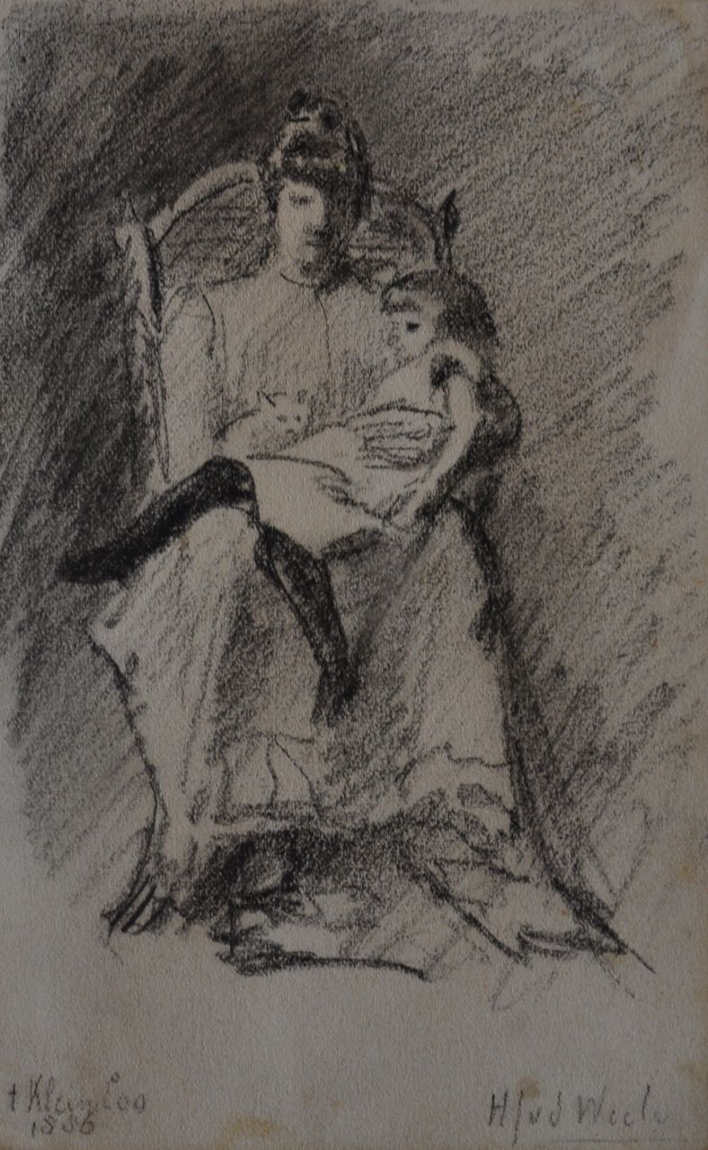 Herman van der Weele | Moeder poes en kind; portret van de echtgenote van de schilder en hun dochter, houtskool op papier, 17,4 x 10,9 cm, gesigneerd r.o. en gedateerd 1886, zonder lijst