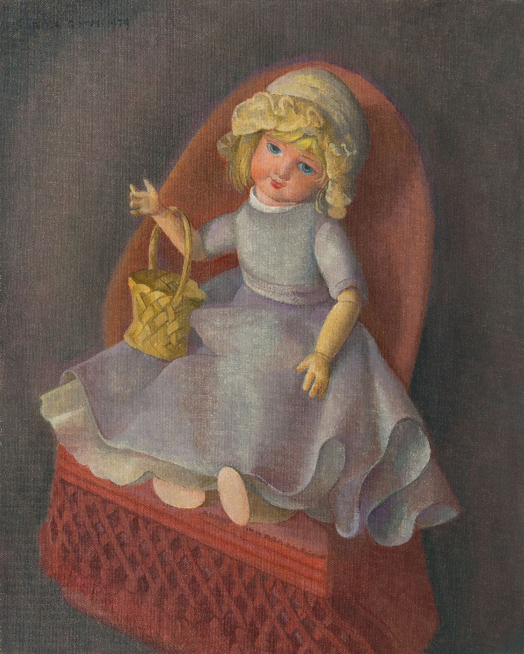 Góth C.  | Charlotte 'Sarika' Góth | Schilderijen te koop aangeboden | Pop op een stoel, olieverf op doek 58,2 x 47,2 cm, gesigneerd linksboven en gedateerd 1979
