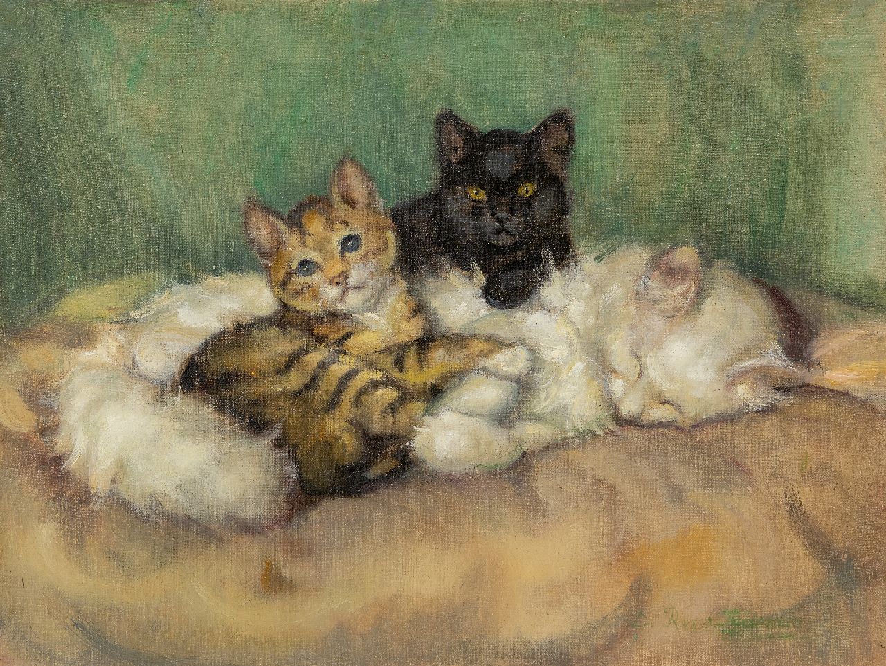 Tijdeman E.M.  | Ernestine Marie 'Dé' Tijdeman | Schilderijen te koop aangeboden | Moederpoes met twee kittens, olieverf op doek 30,5 x 40,5 cm, gesigneerd rechtsonder