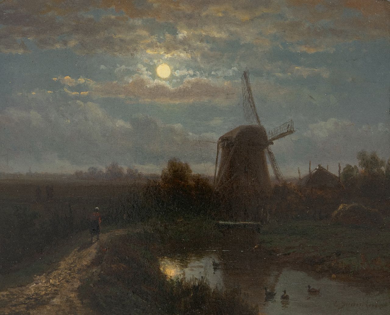 Immerzeel C.  | Christiaan Immerzeel | Schilderijen te koop aangeboden | Maanverlicht landschap met molen, olieverf op paneel 21,0 x 26,0 cm