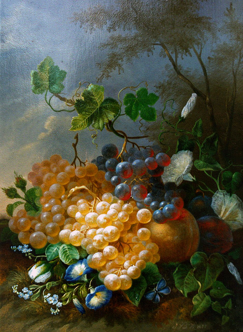 Waarden J. van der | Jan van der Waarden, Stilleven met druiven, perziken en kelkbloemen, olieverf op paneel 34,6 x 26,7 cm, gesigneerd rechtsonder initialen en gedateerd 1857
