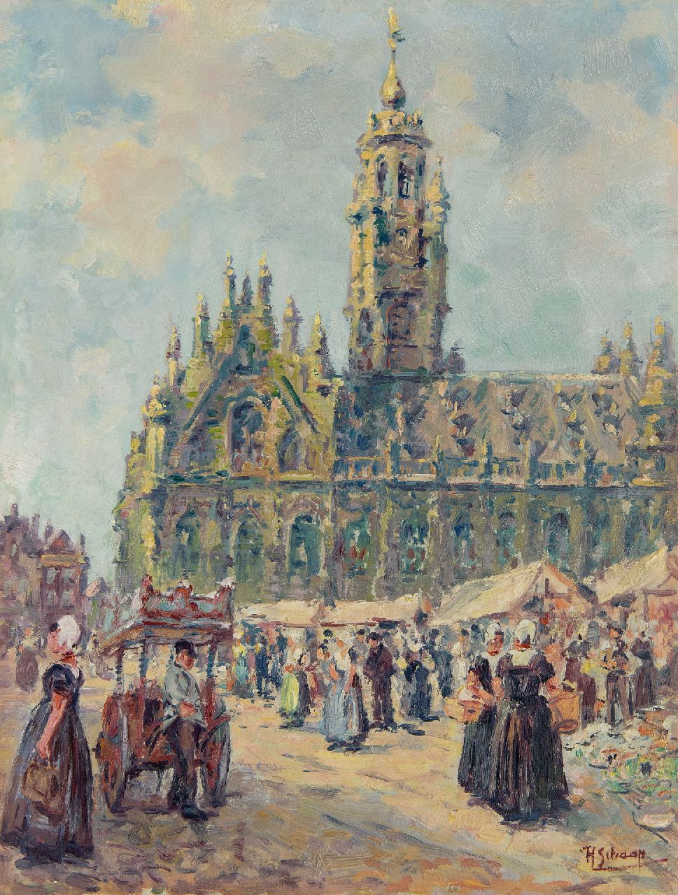 Schaap H.  | Hendrik Schaap | Schilderijen te koop aangeboden | Markt bij het stadhuis van Middelburg, olieverf op schildersboard 40,7 x 30,8 cm, gesigneerd rechtsonder