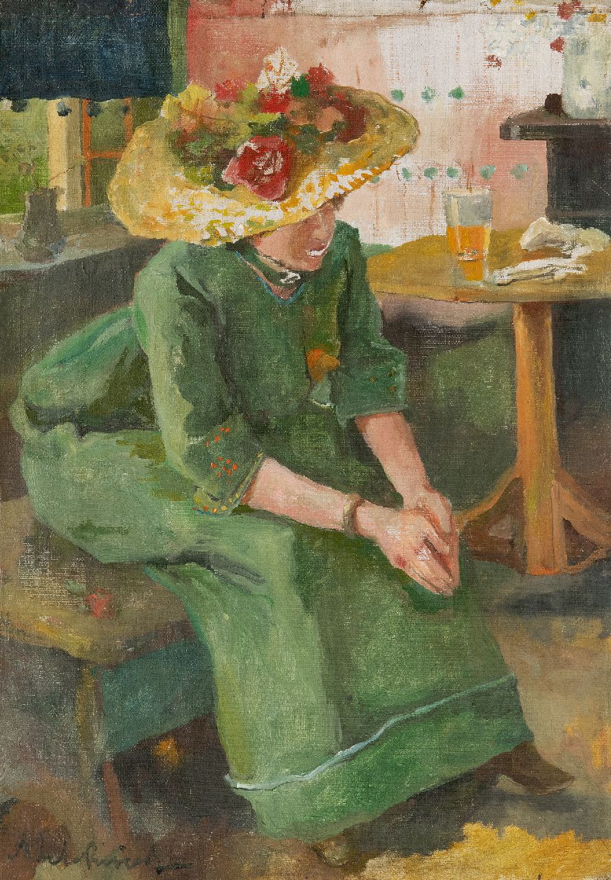 Rivière A.P. de la | Adrianus Philippus 'Adriaan' de la Rivière | Schilderijen te koop aangeboden | Vrouw in groene jurk, olieverf op doek 40,3 x 28,3 cm, gesigneerd linksonder