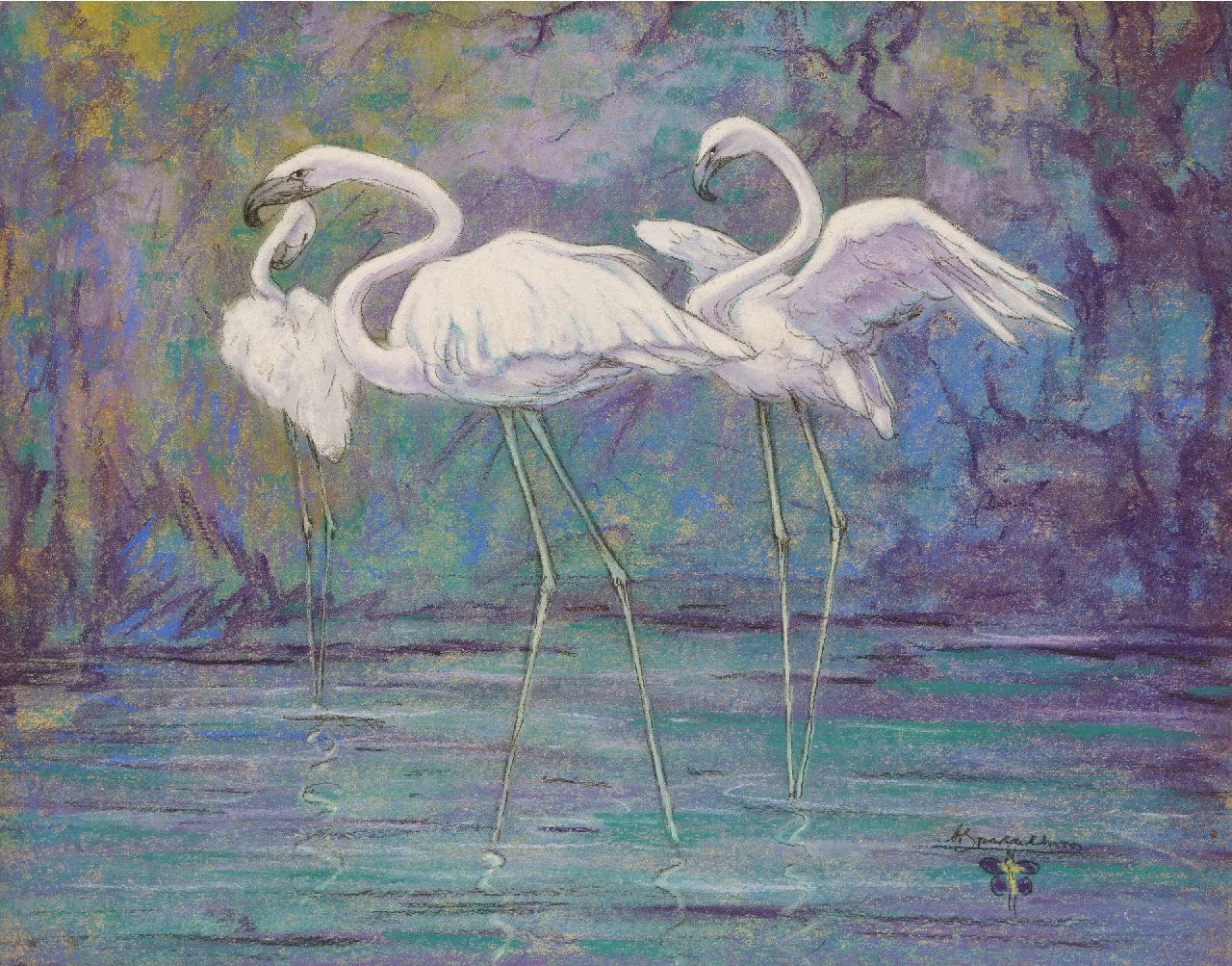 Klein Sprokkelhorst A.  | Albert Klein Sprokkelhorst | Aquarellen en tekeningen te koop aangeboden | Flamingo's, pastel op papier 30,0 x 40,0 cm