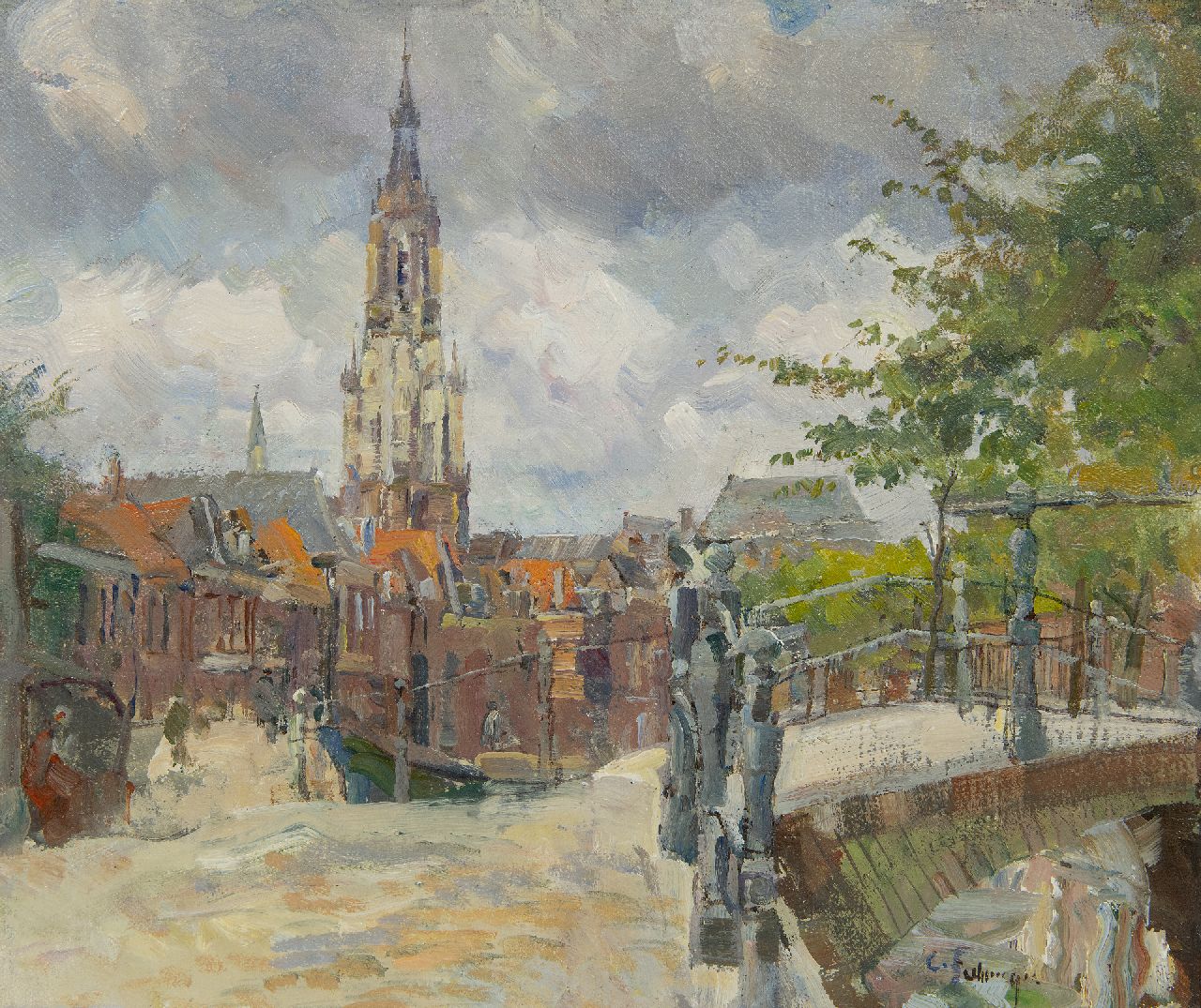 Fahringer C.  | Carl Fahringer | Schilderijen te koop aangeboden | Gezicht op de Nieuwe Kerk, Delft, olieverf op doek op board 29,9 x 34,9 cm, gesigneerd rechtsonder
