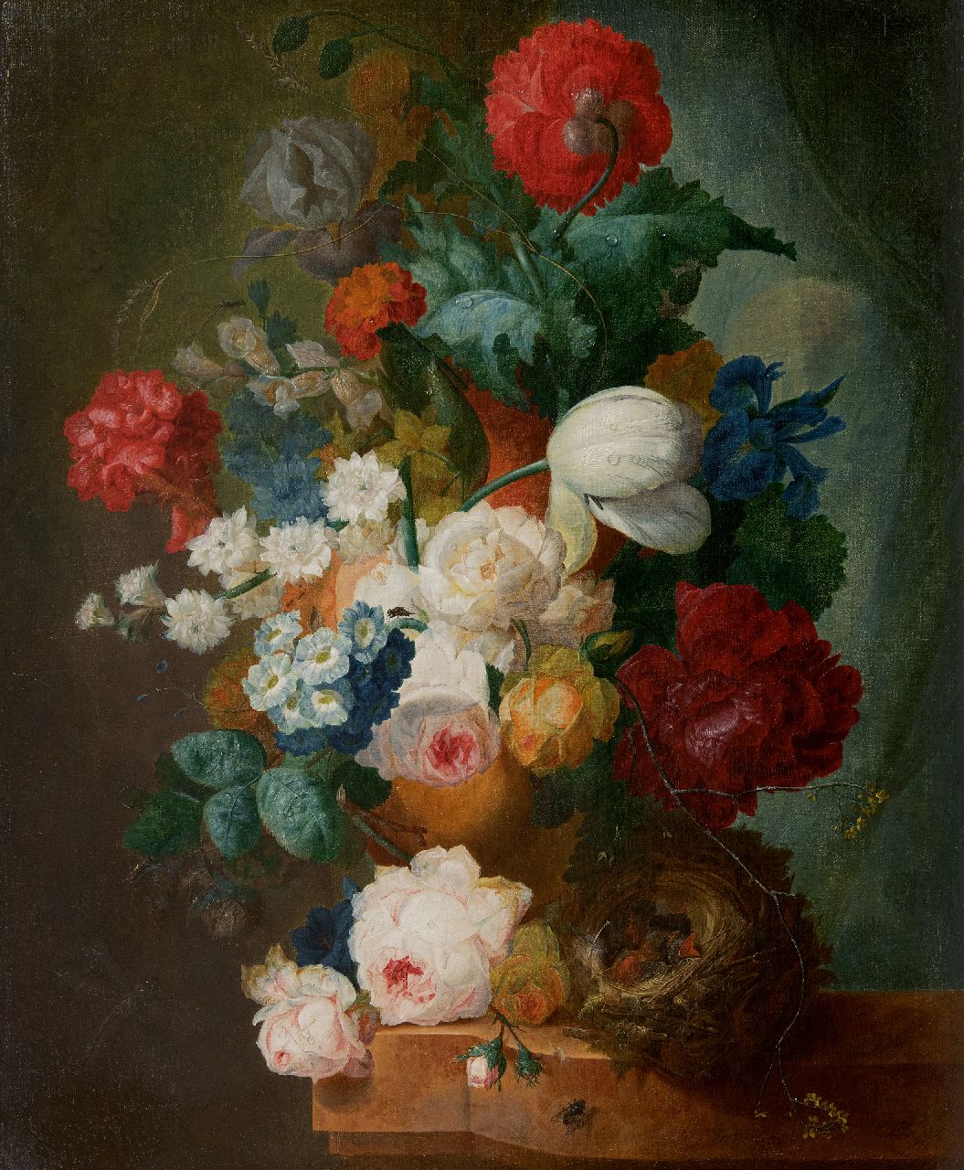 Os J. van | Jan van Os | Schilderijen te koop aangeboden | Stilleven met rozen, papavers en vogelnestje, olieverf op doek 66,3 x 55,0 cm, gesigneerd rechtsonder (draagt sleetse signatuur) en circa 1765
