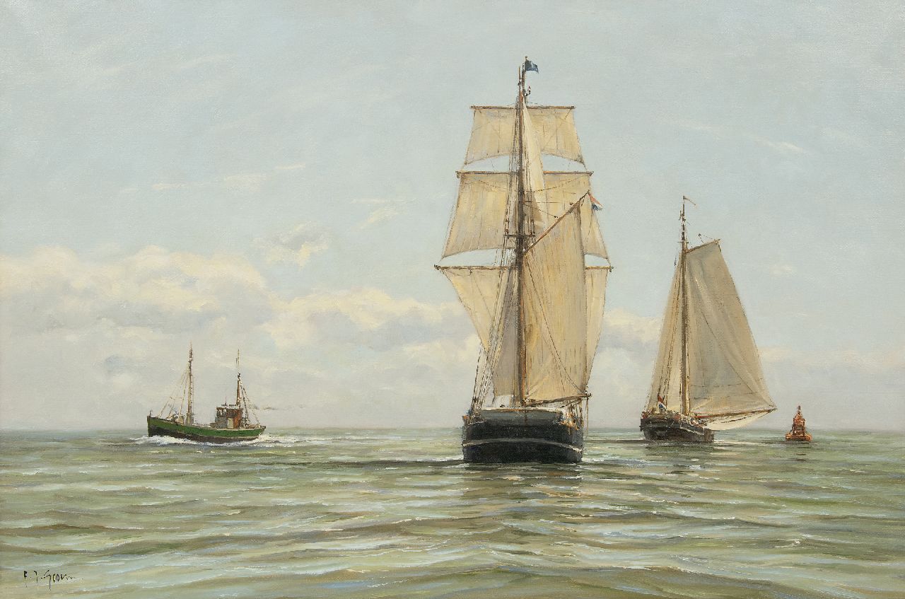 Frits Goosen | Zeilende vrachtschepen en viskotter op zee, olieverf op doek, 60,3 x 90,0 cm, gesigneerd l.o.