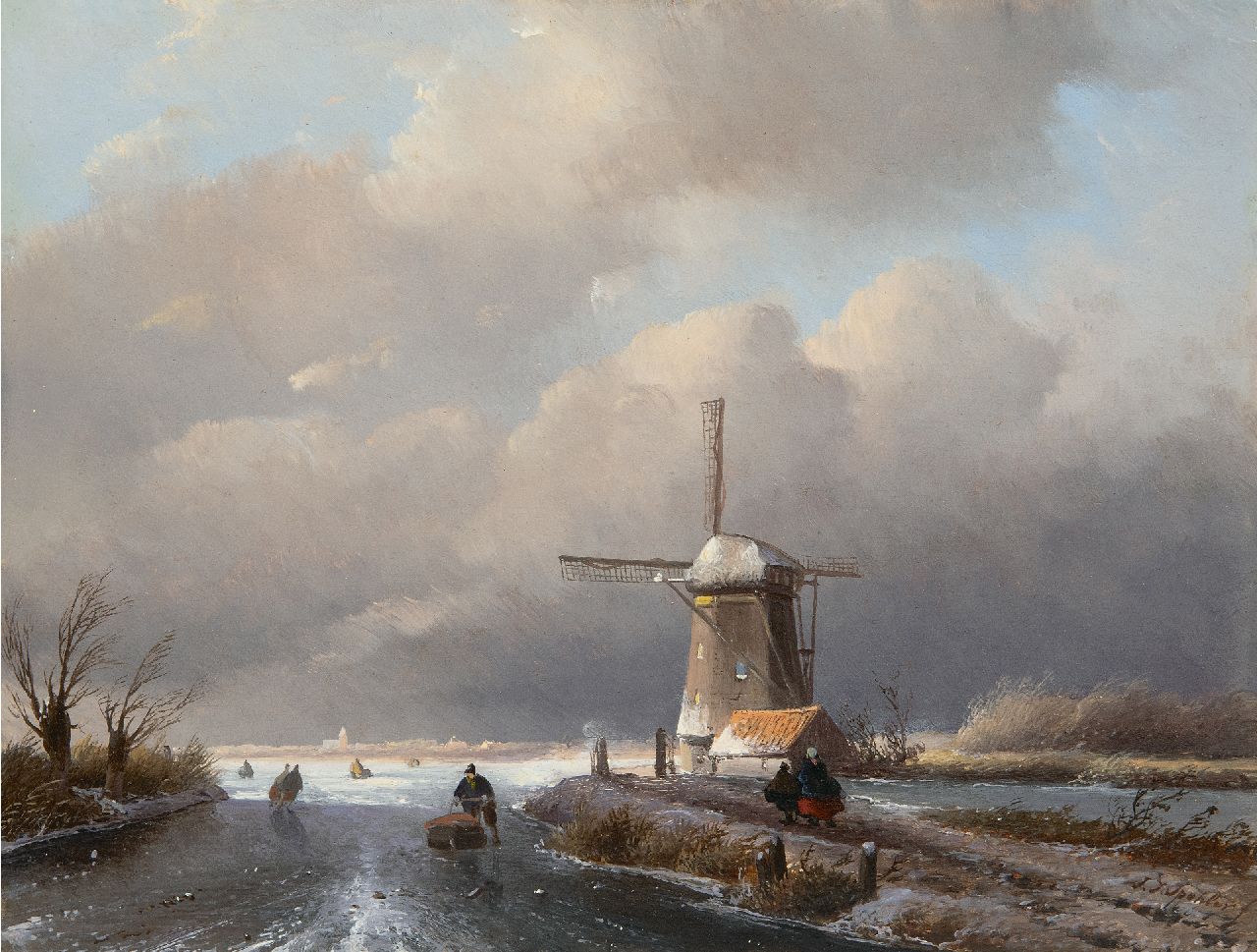 Spohler J.J.  | Jan Jacob Spohler | Schilderijen te koop aangeboden | IJsgezicht met schaatsers bij een molen op een bewolkte dag, olieverf op paneel 24,1 x 31,7 cm, gesigneerd rechtsonder