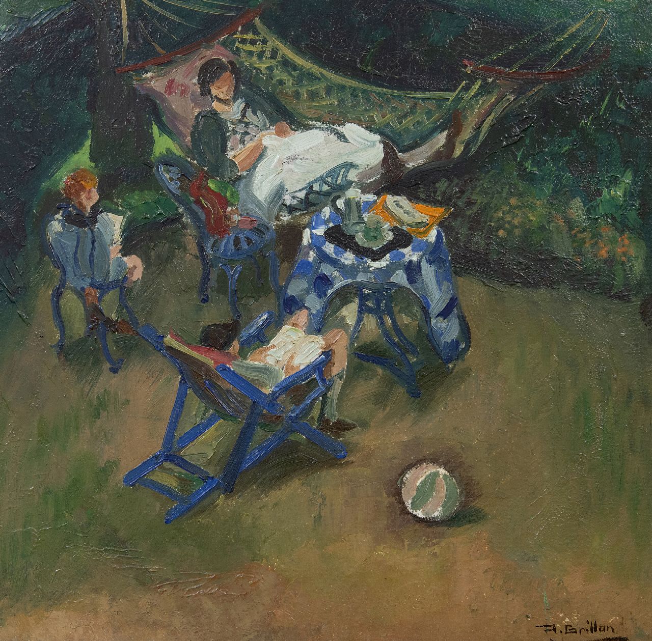 Grillon R.M.  | Roger Maurice Grillon | Schilderijen te koop aangeboden | Het gezin van de schilder in de tuin, olieverf op board 40,8 x 41,0 cm, gesigneerd rechtsonder en te dateren ca. 1900