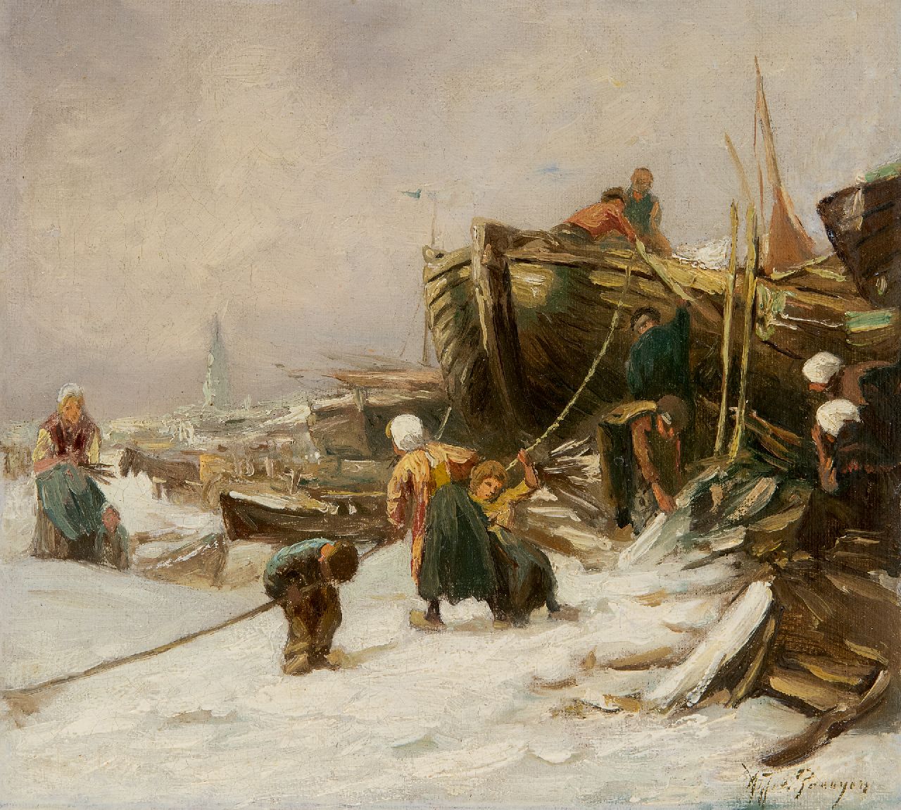 Prooijen A.J. van | Albert Jurardus van Prooijen | Schilderijen te koop aangeboden | Winter op het strand, olieverf op doek op paneel 21,1 x 22,8 cm, gesigneerd rechtsonder