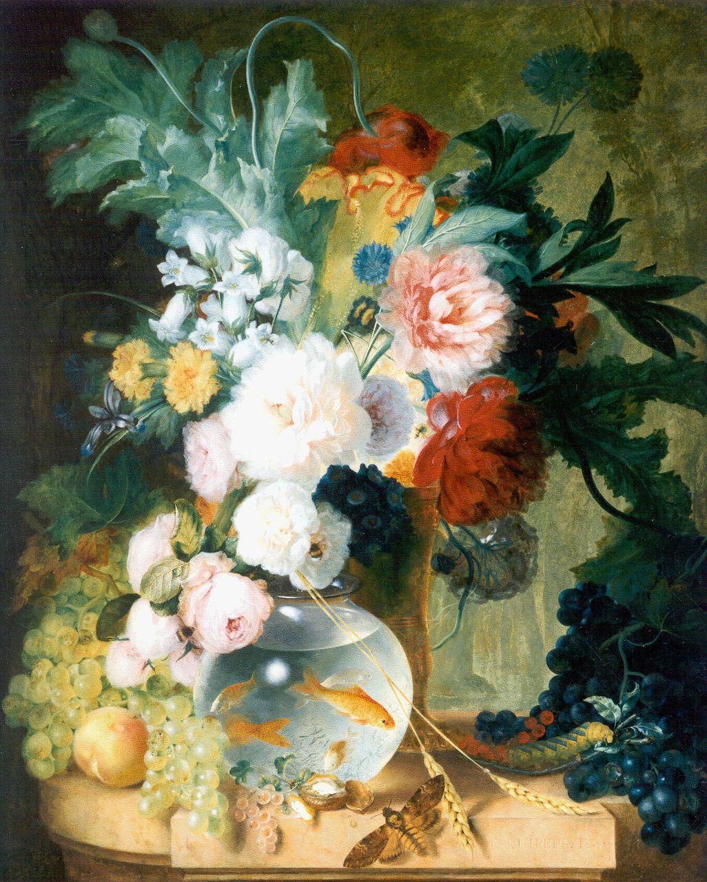 Kuipers C.  | Cornelis Kuipers, Bloemen en viskom op een marmeren tafel, olieverf op paneel 87,0 x 70,0 cm, gesigneerd rechtsonder en gedateerd 1777