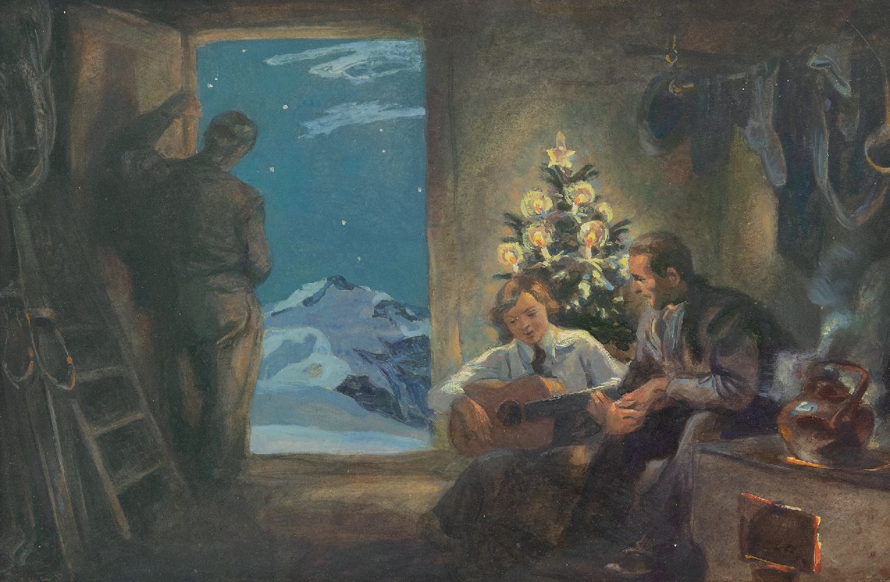 Gustav Traub | Kerstavond hoog in de Alpen, olieverf op papier, 28,2 x 41,7 cm, gesigneerd l.o.