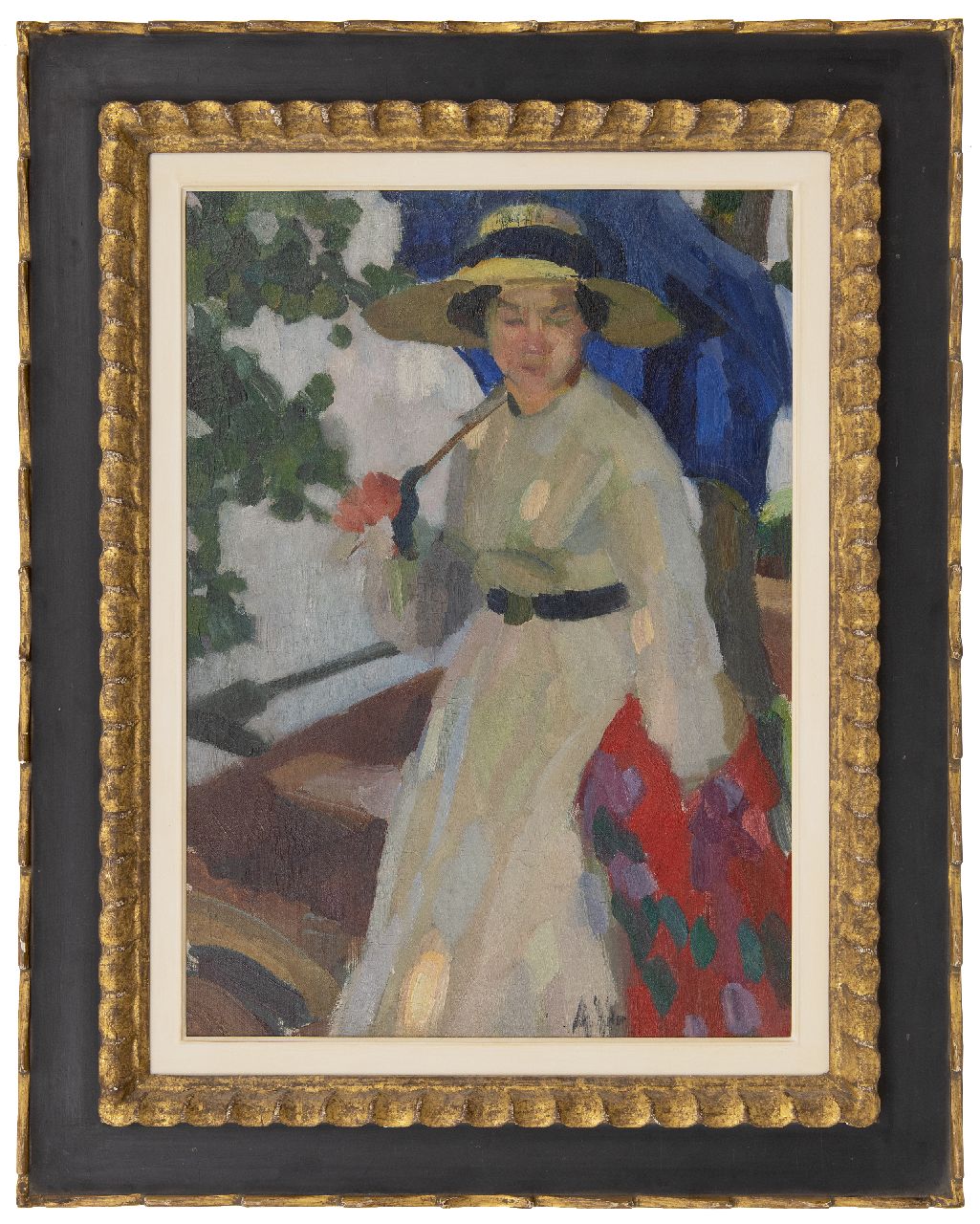 Höfer A.  | Adolf Höfer | Schilderijen te koop aangeboden | Vrouw met strohoed en parasol, olieverf op doek op board 63,3 x 45,8 cm, gesigneerd rechts van het midden. met initialen en te dateren ca. 1910