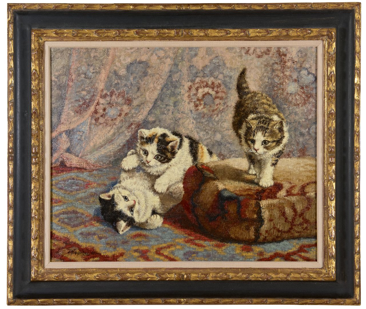 Raaphorst C.  | Cornelis Raaphorst | Schilderijen te koop aangeboden | Drie spelende katjes bij een poef, olieverf op doek 40,4 x 50,7 cm, gesigneerd linksonder en zonder lijst