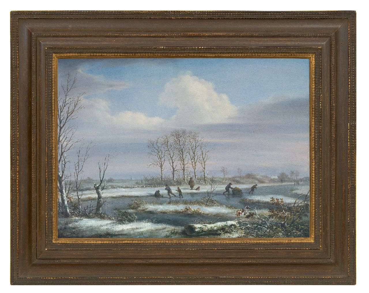 Kouwenhoven J. van | Jacob van Kouwenhoven | Schilderijen te koop aangeboden | Winterlandschap met schaatsers (met zomerpendant), olieverf op paneel 31,0 x 43,6 cm, gesigneerd linksonder met initialen