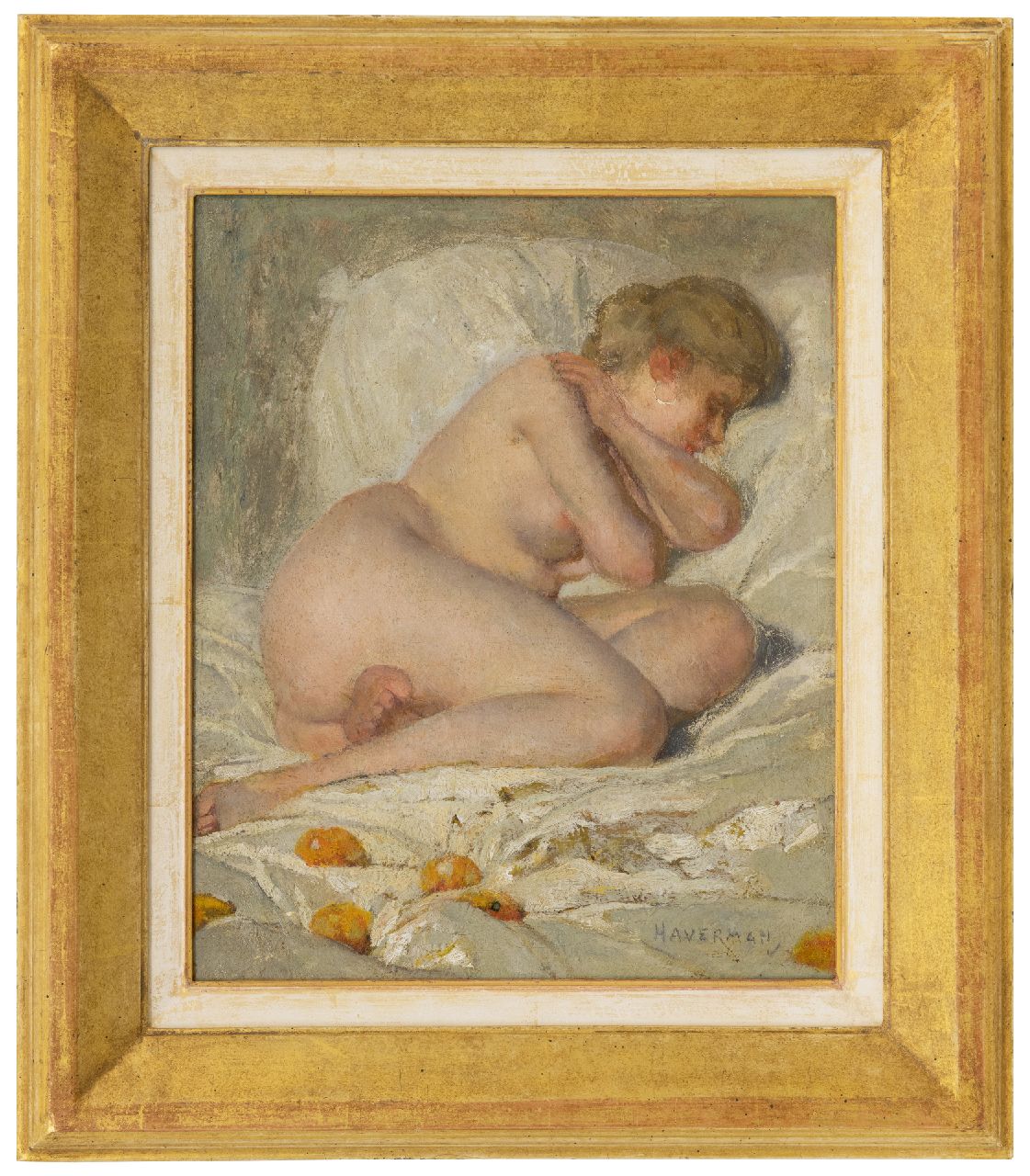 Haverman H.J.  | Hendrik Johannes Haverman | Schilderijen te koop aangeboden | Slapend naakt, olieverf op doek 30,5 x 25,7 cm, gesigneerd rechtsonder