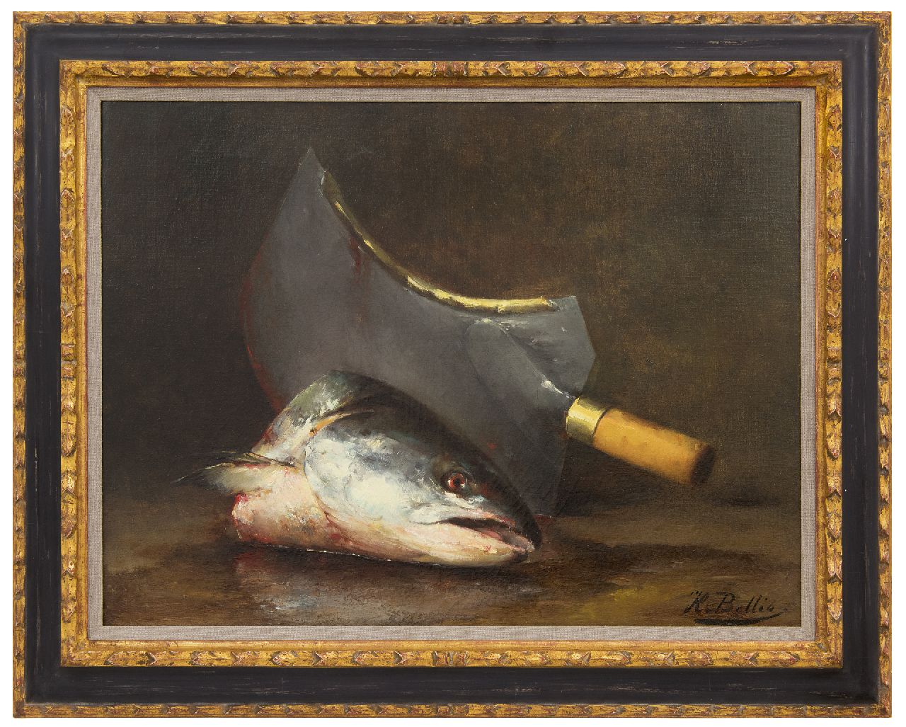 Bellis J.L.  | Josse-Lambert 'Hubert' Bellis, Stilleven met vissenkop en hakmes, olieverf op doek 47,2 x 63,0 cm, gesigneerd rechtsonder
