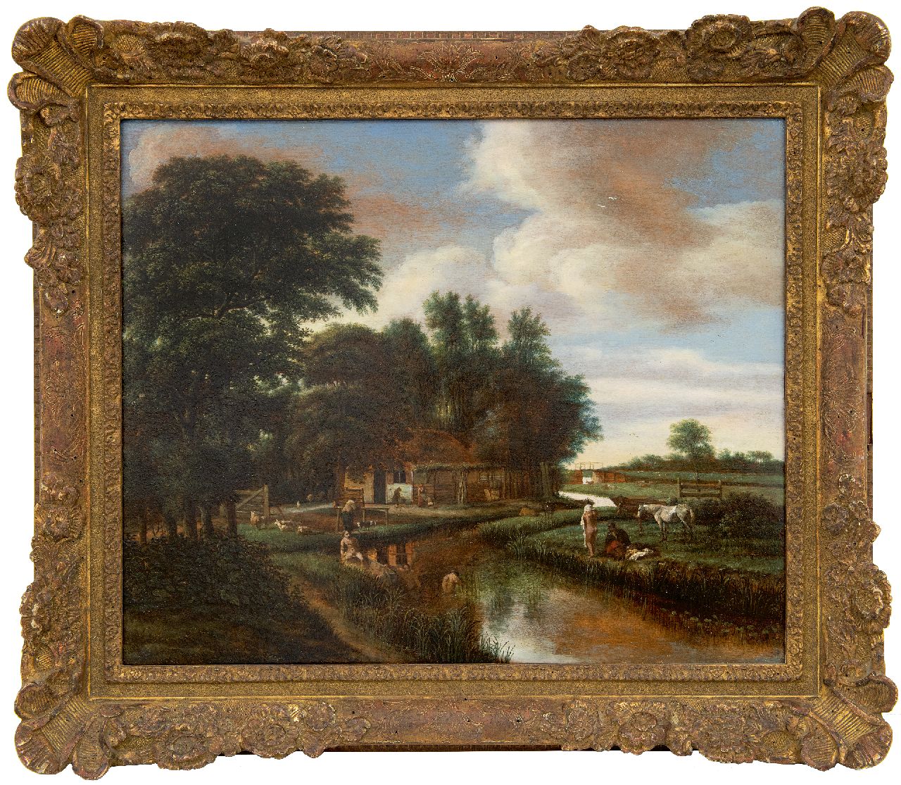 Asch P.J. van | 'Pieter' Jansz. van Asch | Schilderijen te koop aangeboden | Naakte baders in een riviertje nabij een boerderij, olieverf op paneel 42,0 x 51,5 cm, gesigneerd linksonder met monogram