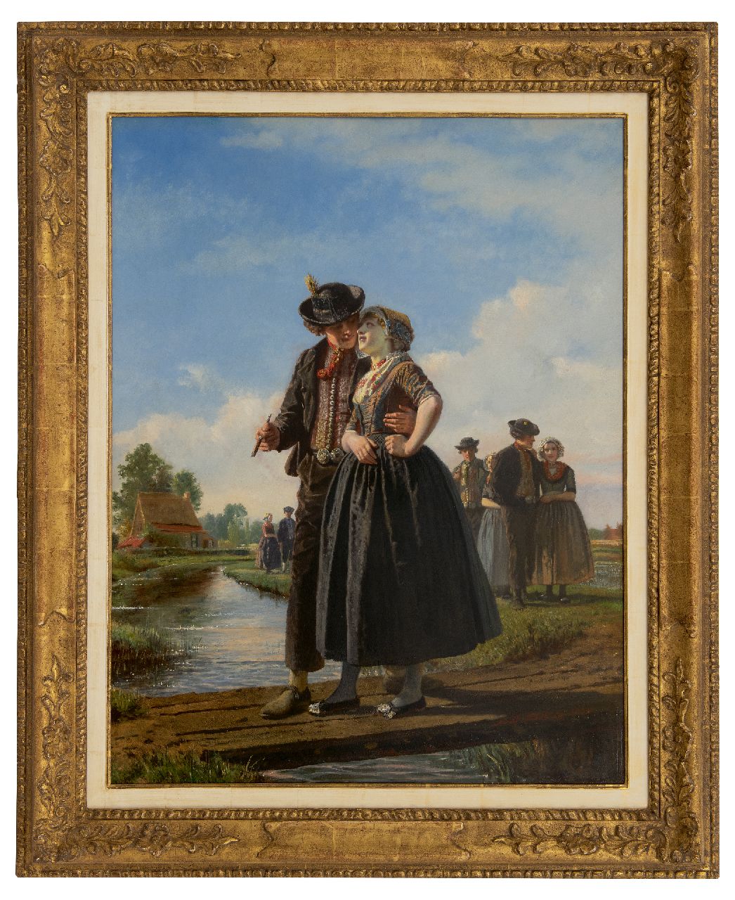 Dillens A.A.  | 'Adolf' Alexander Dillens | Schilderijen te koop aangeboden | La traversée du pont d'amour, olieverf op paneel 78,5 x 60,0 cm, gesigneerd rechtsonder en gedateerd 1855