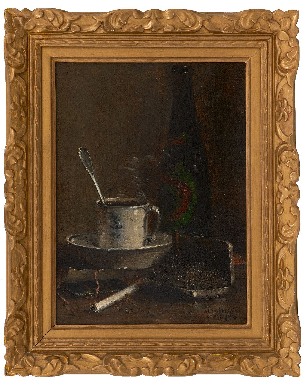 Bigaux L.F.  | Louis Félix Bigaux | Schilderijen te koop aangeboden | Stilleven met tabaksdoos, sigaret en kop en schotel, olieverf op doek 32,4 x 24,6 cm, gesigneerd rechtsonder