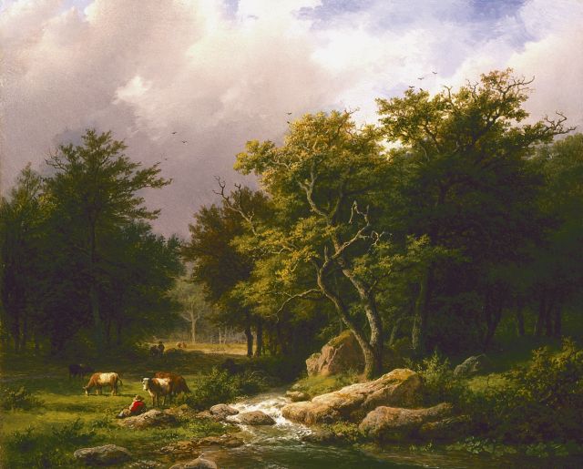 Koekkoek B.C.  | Boomrijk landschap met vee, olieverf op paneel 25,3 x 31,2 cm, gesigneerd r.o.