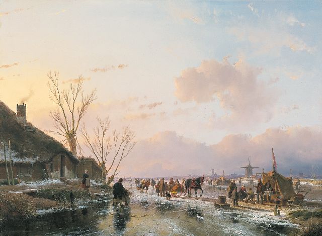 Schelfhout A.  | IJsvertier op een zonnige winterdag, olieverf op paneel 55,0 x 74,5 cm, gesigneerd linksonder en gedateerd 1850