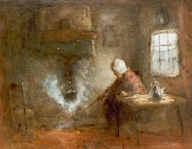 Israëls J.  | Interieur met oude vrouw bij kookpot, olieverf op doek 43,0 x 53,0 cm, gesigneerd l.o.