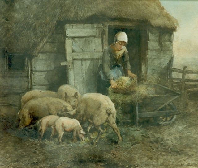 Kate J.M. ten | Boerendochter voedt de varkens, aquarel op papier 31,6 x 38,9 cm, gesigneerd r.o.