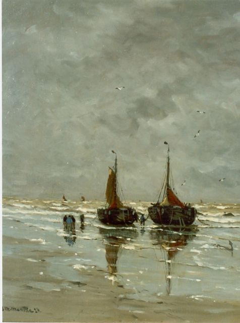 Munthe G.A.L.  | Bommen en vissersvolk op het strand, olieverf op doek 60,0 x 50,0 cm, gesigneerd l.o.