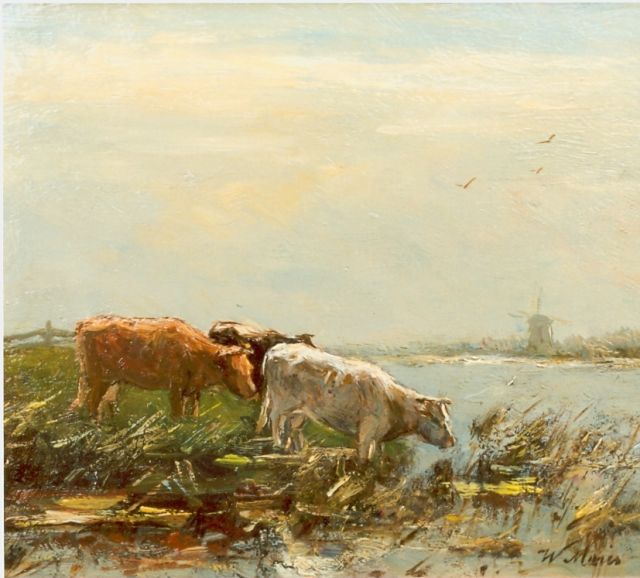 Maris W.  | Koeien aan de slootkant, olieverf op paneel 15,0 x 18,3 cm, gesigneerd r.o.