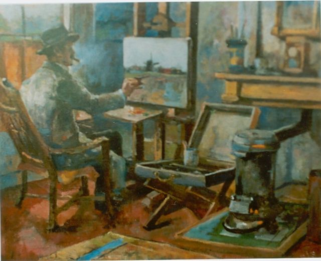 Rivière A.P. de la | De schilder in zijn atelier, olieverf op doek 44,7 x 55,0 cm, gesigneerd l.o.
