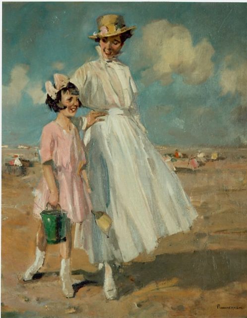 Hem P. van der | Moeder en dochter flanerend over het strand, olieverf op doek 79,0 x 65,5 cm, gesigneerd r.o.