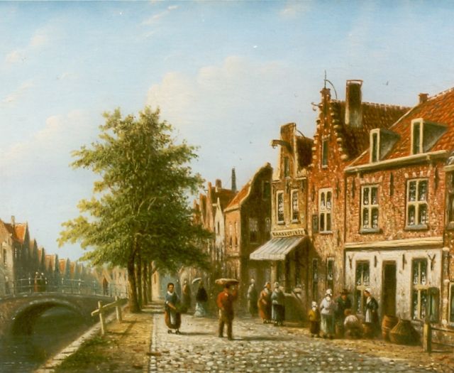 Spohler J.F.  | Haarlems stadsgezichtje met kaaskoperij, olieverf op paneel 15,5 x 20,5 cm, gesigneerd r.o.