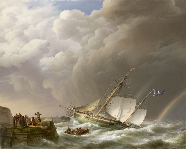 Johannes Hermanus Koekkoek | Een onstuimige zee met regenboog en Engelse oorlogskotter, olieverf op doek, 113,0 x 142,0 cm, gesigneerd l.o. en gedateerd 1827