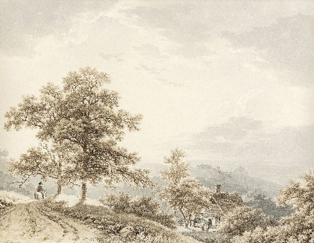 Koekkoek B.C.  | Reiziger te paard in heuvelachtig landschap, sepia en gewassen inkt op papier 21,2 x 27,4 cm, gesigneerd l.o. en te dateren ca. 1833-1840
