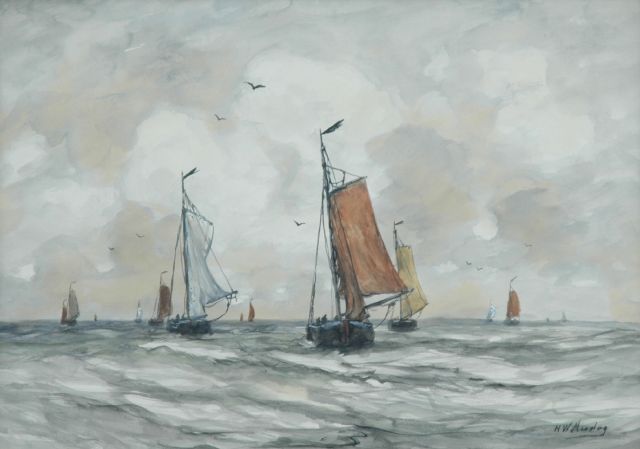 Mesdag H.W.  | Bomschuiten op zee op een heldere dag, aquarel op papier 40,5 x 56,5 cm, gesigneerd r.o.