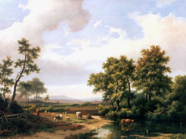 Marinus Adrianus Koekkoek I | Boslandschap met vee, olieverf op paneel, 26,5 x 36,0 cm, gesigneerd l.o. en gedateerd 1862