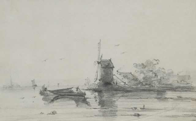 Schelfhout A.  | Rivierbocht met molen, potlood op papier 16,8 x 24,6 cm, gesigneerd r.o. en gedateerd 1848