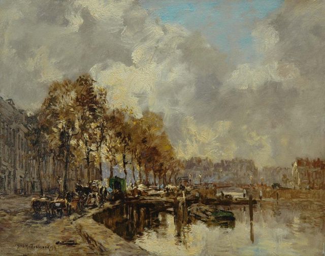 Mastenbroek J.H. van | Gezicht op de Nieuwe Haven bij de Koestraat, Rotterdam, olieverf op doek 28,0 x 35,3 cm, gesigneerd l.o. en gedateerd 1919