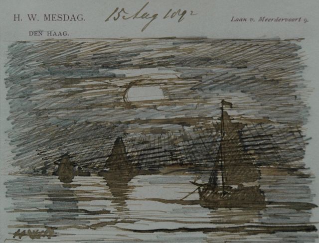 Hendrik Willem Mesdag | Schepen bij ondergaande zon, potlood, pen in bruine inkt op papier, 8,7 x 11,2 cm, gesigneerd l.o. met initialen en gedateerd 15 Aug. 1892