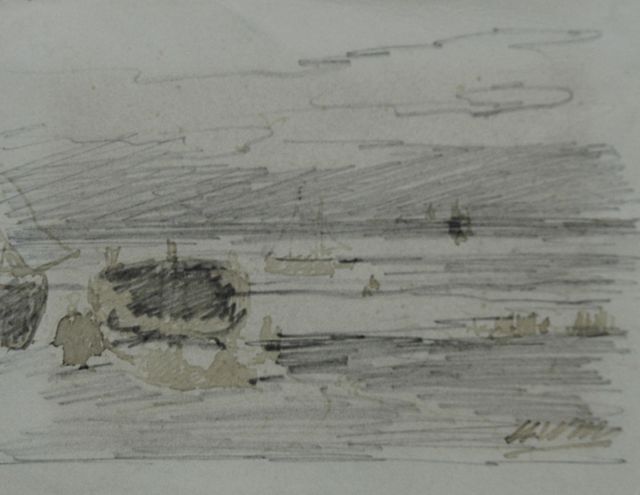 Mesdag H.W.  | Vissersvolk en bommen op het strand, potlood, pen in bruine inkt op papier 8,7 x 11,2 cm, gesigneerd r.o. met initialen