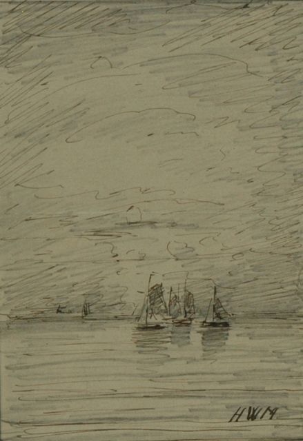 Mesdag H.W.  | Schepen op zee, potlood, pen in zwarte inkt op papier 13,7 x 9,9 cm, gesigneerd r.o. met initialen