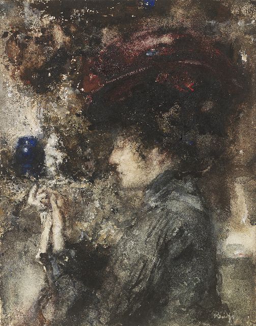 Roelofs O.W.A.  | Tjieke met rode hoed, aquarel en gouache op papier 24,4 x 18,9 cm, gesigneerd r.o.